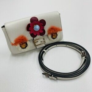 FENDI Bucket Bag Bugs Flower Bijou Fur Shoulder Clutch Leather White